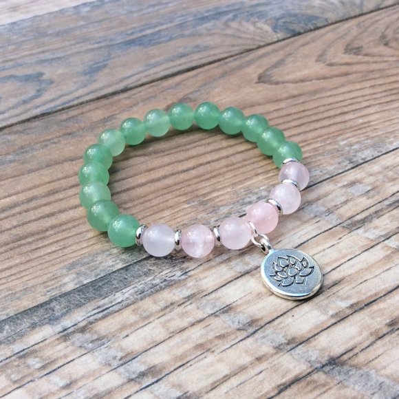 Green Aventurine bracelet with Lotus charm, Rose Quartz, Healing bracelet - Picture 4 of 9